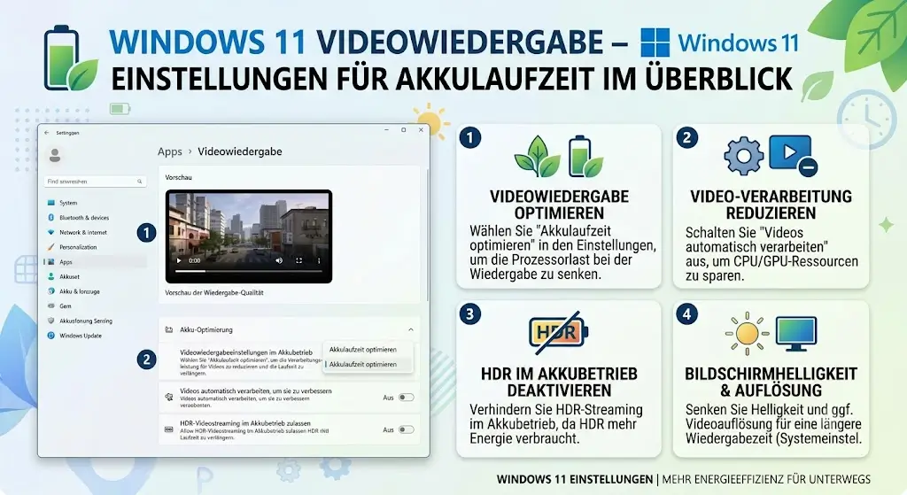 Windows 11 Einstellungen fuer Videowiedergabe mit Option Akkulaufzeit optimieren Windows 11 Einstellungen für Videowiedergabe mit Option Akkulaufzeit optimieren
