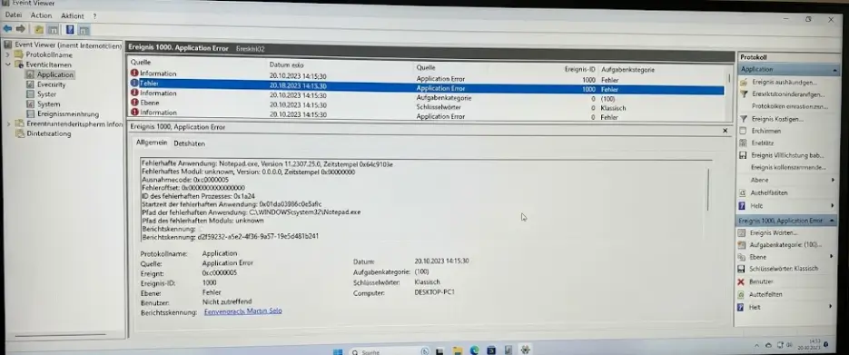 Windows 11 Ereignisanzeige Fehler Eintrag Quelle Ereignis ID Meldungstext lesen Windows 11 Ereignisanzeige Fehler Eintrag Quelle Ereignis ID Meldungstext lesen