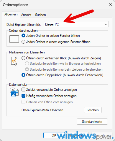 Windows 11 Explorer Optionen Dropdown Dieser PC Schnellzugriff auswaehlen Reiter Allgemein Windows 11 Explorer Optionen Dropdown Dieser PC Schnellzugriff auswählen Reiter Allgemein