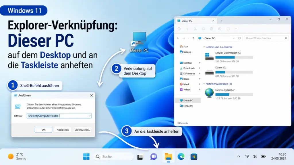 Windows 11 Explorer Verknuepfung Dieser PC Desktop Taskleiste anheften shell Befehl Windows 11 Explorer Verknüpfung Dieser PC Desktop Taskleiste anheften shell Befehl