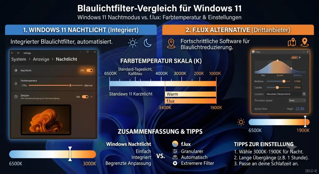 Windows 11 Nachtmodus Vergleich f lux Alternative Blaulichtfilter Farbtemperatur Einstellungen Windows 11 Nachtmodus Vergleich f lux Alternative Blaulichtfilter Farbtemperatur Einstellungen