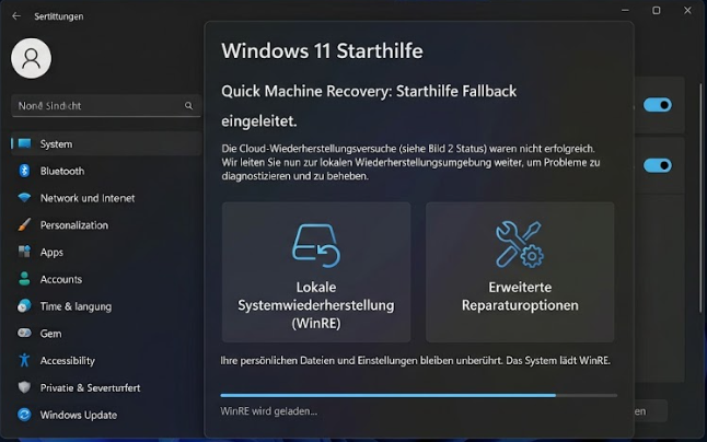 Windows 11 Quick Machine Recovery Starthilfe Startup Repair Fallback lokal WinRE Windows 11 Quick Machine Recovery Starthilfe Startup Repair Fallback lokal WinRE