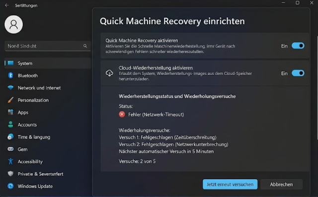 Windows 11 Quick Machine Recovery Wiederholungsversuche Windows 11 Quick Machine Recovery Wiederholungsversuche