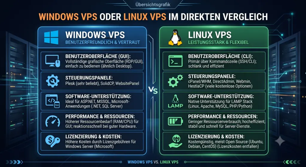 Windows VPS oder Linux VPS im direkten Vergleich als Übersichtsgrafik