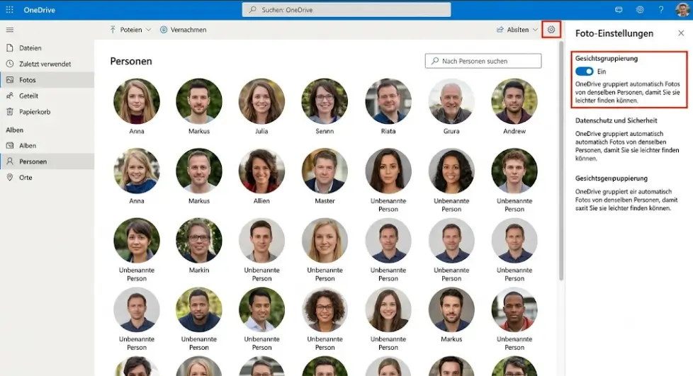 People Bereich in OneDrive Photos mit Einstellung zur Gesichtsgruppierung People Bereich in OneDrive Photos mit Einstellung zur Gesichtsgruppierung