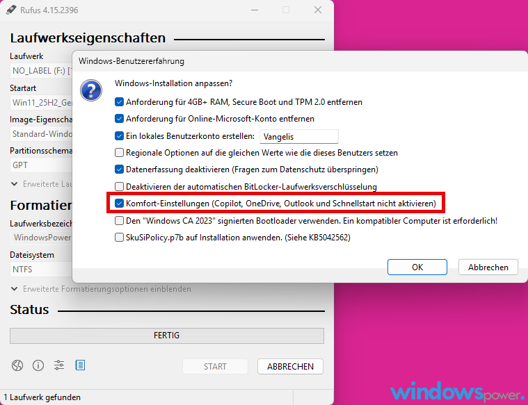 Rufus anpassen mit aktivierter Quality of Life Option gegen Copilot und Outlook Rufus Windows 11 ohne Bloatware installieren Quality of Life Option gegen Copilot und Outlook