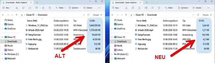 Vergleich der Explorer Groessenspalte vor und nach der Windows 11 Dateigroessen MB GB Vergleich der Explorer Größenspalte vor und nach der Windows 11 Dateigrößen MB GB