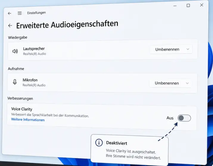 Voice Clarity in den erweiterten Audioeigenschaften von Windows 11 deaktivieren Voice Clarity in den erweiterten Audioeigenschaften von Windows 11 deaktivieren