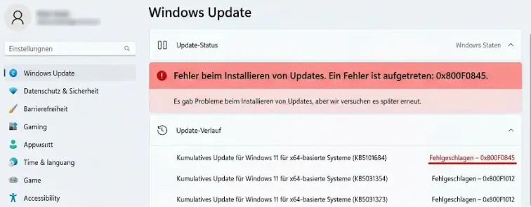 Windows Update Einstellungsseite mit KB5101684 Fehlermeldung Windows Update Einstellungsseite mit KB5101684 Fehlermeldung 0x800F0845