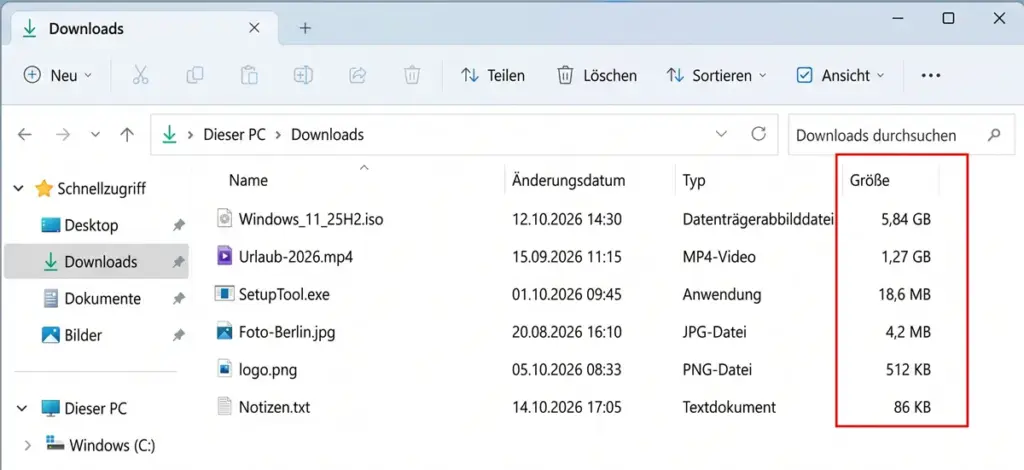 Windows 11 Dateigrößen MB GB anzeigen – Der Explorer rechnet jetzt automatisch um Windows 11 Dateigrößen MB GB anzeigen