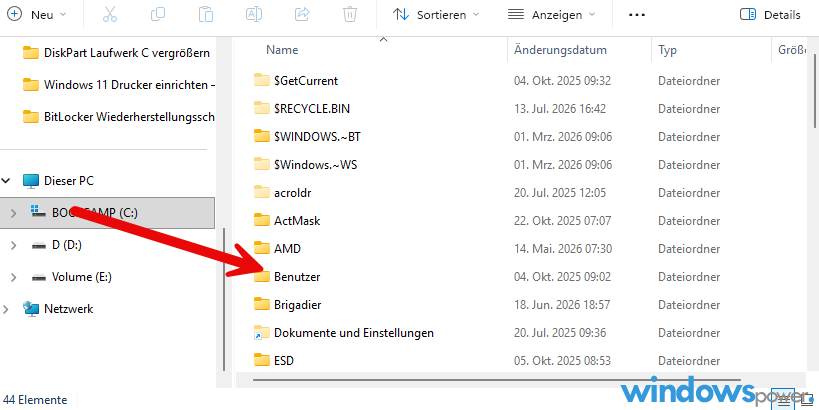 Windows Explorer Ordner C Users mit sichtbarem umbenannten Profilordner Endung bak