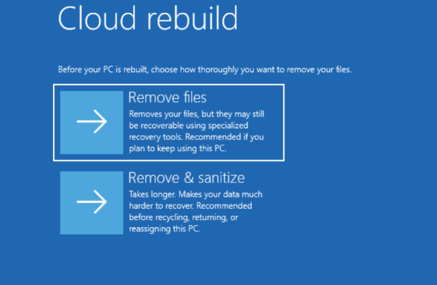 Cloud Rebuild Menue in der Windows Wiederherstellungsumgebung mit Sanitize Option zum PC sicher loeschen Cloud Rebuild Menü in der Windows Wiederherstellungsumgebung mit Sanitize Option zum PC sicher löschen