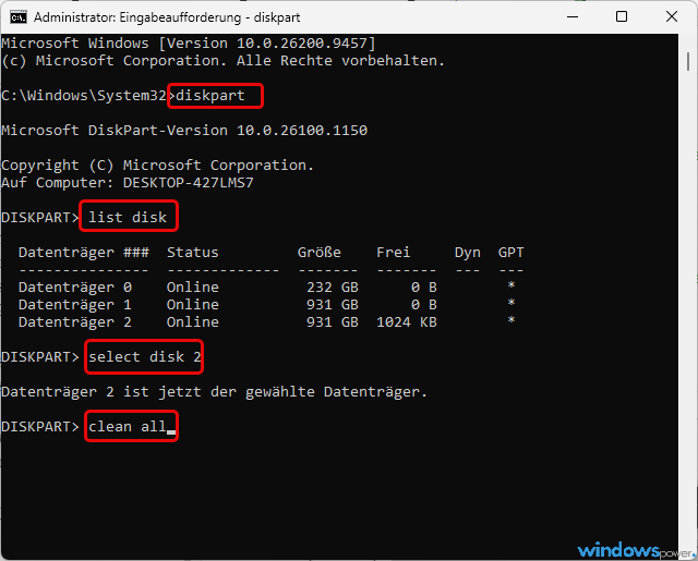 Festplatte mit DiskPart und clean all loeschen Festplatte mit DiskPart und clean all löschen