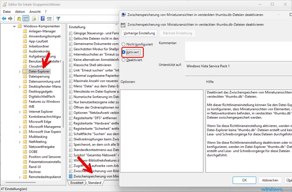 Gruppenrichtlinien Editor gpedit.msc mit aktivierter Richtlinie zum Deaktivieren des Miniaturbild Caches Gruppenrichtlinien Editor gpedit.msc mit aktivierter Richtlinie zum Deaktivieren des Miniaturbild Caches