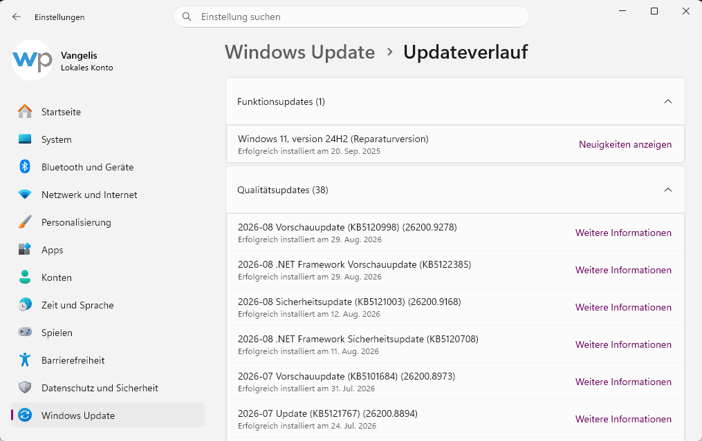 KB5121003 im Windows Update Verlauf auf einem ARM Geraet KB5121003 im Windows Update Verlauf auf einem ARM Gerät