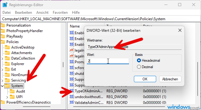 Registry Editor mit TypeOfAdminApprovalMode Wert 2 zum Windows 11 Administrator Protection aktivieren Registry Editor mit TypeOfAdminApprovalMode Wert 2 zum Windows 11 Administrator Protection aktivieren