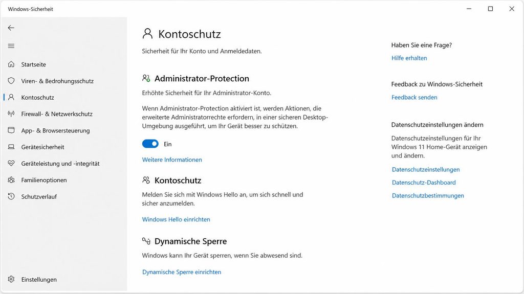 Windows 11 Administrator Protection aktivieren in der Windows Sicherheit App unter Kontoschutz Windows 11 Administrator Protection aktivieren in der Windows Sicherheit App unter Kontoschutz