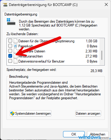 Windows 11 Datentraegerbereinigung mit angekreuzter Option Miniaturansichten Windows 11 Datenträgerbereinigung mit angekreuzter Option Miniaturansichten