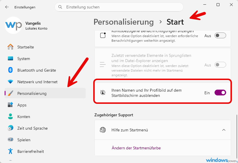Windows 11 Name und Profilbild im Startmenue ausblenden Windows 11 Name und Profilbild im Startmenue ausblenden