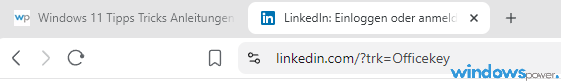 Windows Tastenkombination LinkedIn Windows Tastenkombination LinkedIn - Browser-Adressleiste zeigt LinkedIn.com nach Nutzung der Windows Tastenkombination LinkedIn mit trk=Officekey-Parameter