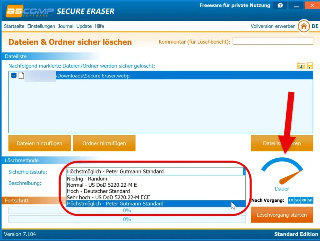 loeschliste in secure eraser mit ausgewaehlter loeschmethode und dauer anzeige Löschliste in Secure Eraser mit ausgewählter Löschmethode und Dauer Anzeige