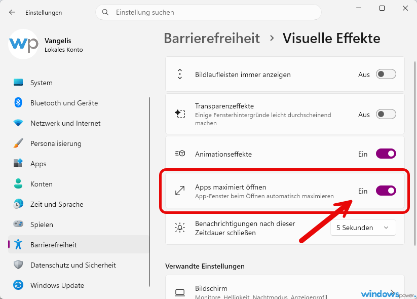 Schalter Apps maximiert öffnen in den Windows 11 Einstellungen aktiviert