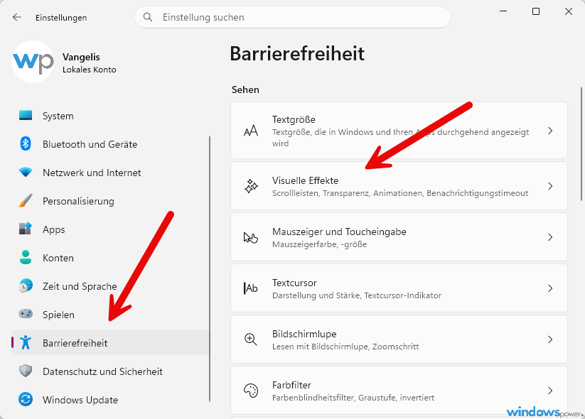 Windows 11 Apps im Vollbild starten Einstellungen Barrierefreiheit Visuelle Effekte