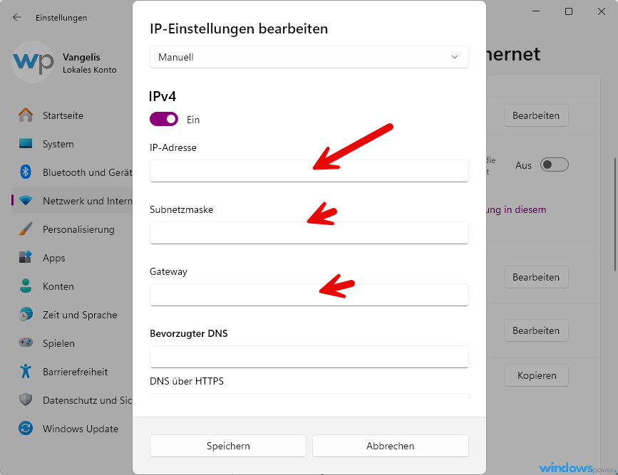 Windows 11 statische IP Adresse setzen