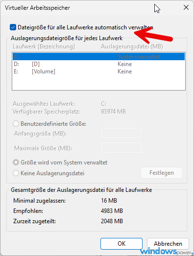 Auslagerungsdatei abschalten vermeiden Dialog Virtueller Arbeitsspeicher Auslagerungsdatei abschalten vermeiden Dialog Virtueller Arbeitsspeicher