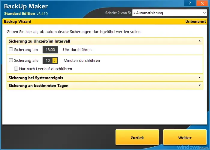 Automatisierung in BackUp Maker mit eingestelltem taeglichen Zeitplan Automatisierung in BackUp Maker mit eingestelltem täglichen Zeitplan