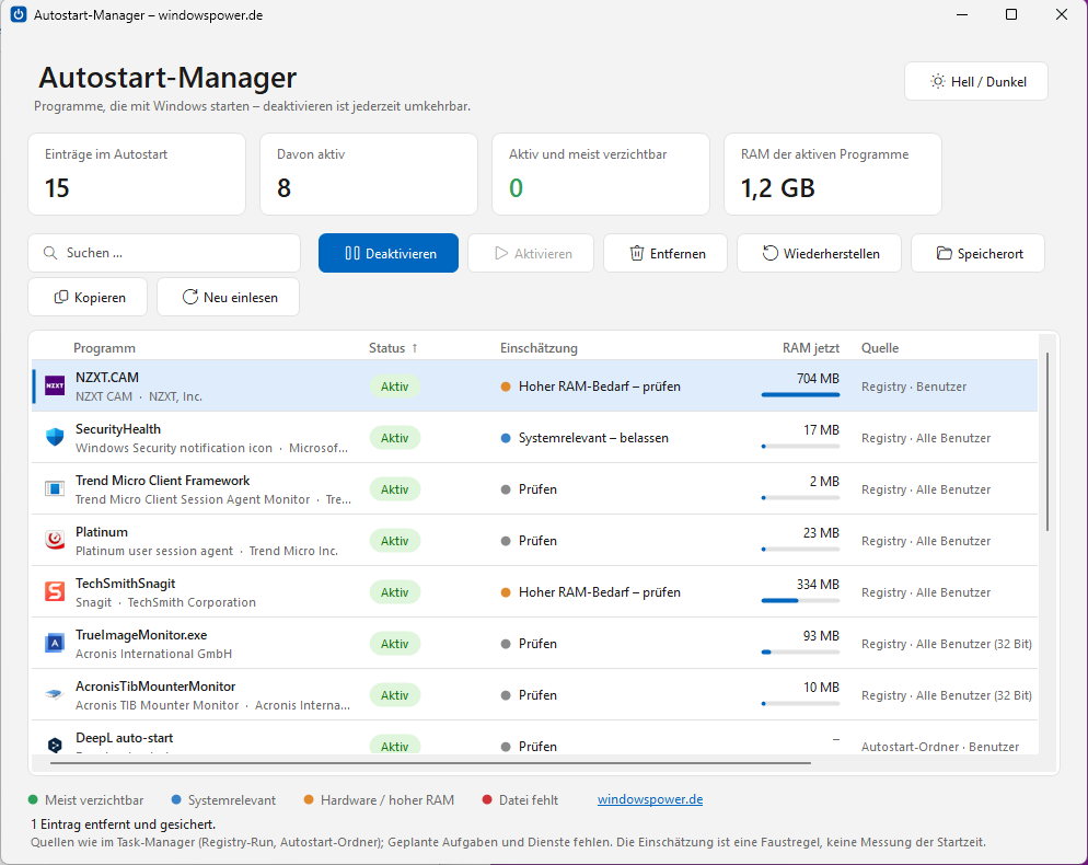 Autostart Manager Autostart Manager Windows 11 Hauptfenster mit Liste der Autostart-Programme im hellen Design