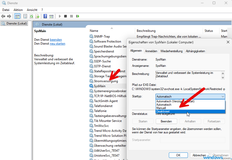 Eigenschaften des Dienstes SysMain in Windows 11 mit Starttyp Deaktiviert und Schaltflaeche Beenden Eigenschaften des Dienstes SysMain in Windows 11 mit Starttyp Deaktiviert und Schaltfläche Beenden