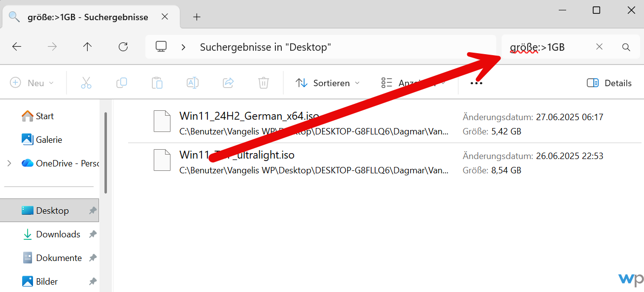 Grosse Dateien finden im Explorer von Windows 11 Große Dateien finden im Explorer von Windows 11 mit dem Suchfilter größe:/>1GB in der Detailansicht