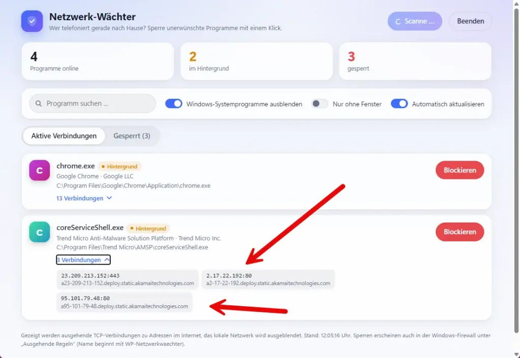 Netzwerk Waechter zeigt Zieladressen und Servernamen eines Programms in der Detailansicht Netzwerk Wächter zeigt Zieladressen und Servernamen eines Programms in der Detailansicht