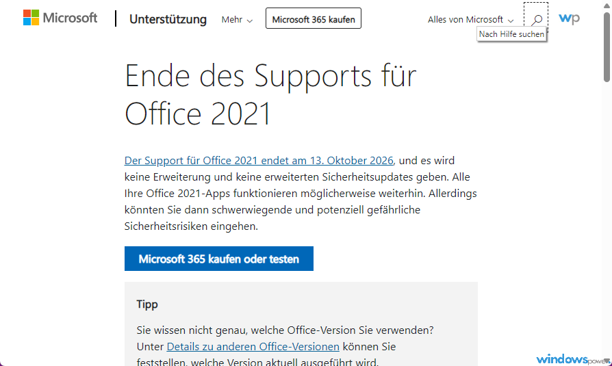 Office 2021 Support Ende Hinweis auf der Microsoft Supportseite Office 2021 Support Ende Hinweis auf der Microsoft Supportseite