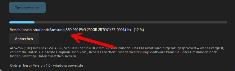 Ordner mit Passwort verschluesseln Fortschrittsanzeige des Ordner Tresors Ordner mit Passwort verschlüsseln: Fortschrittsanzeige des Ordner-Tresors während Verschlüsselung und Prüfung