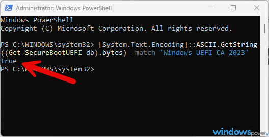 PowerShell Fenster mit dem Befehl und dem Ergebnis True PowerShell Fenster mit dem Befehl und dem Ergebnis True