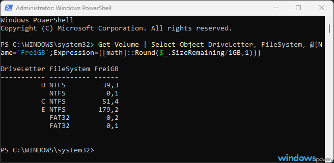 PowerShell Get Volume zeigt Dateisystem und freien Speicherplatz aller Laufwerke PowerShell Get Volume zeigt Dateisystem und freien Speicherplatz aller Laufwerke