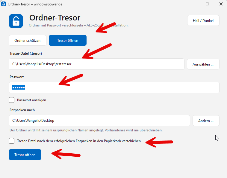 Reiter Tresor oeffnen im Ordner Tresor mit Zielordner und Papierkorb Option Reiter Tresor öffnen im Ordner Tresor mit Zielordner und Papierkorb Option
