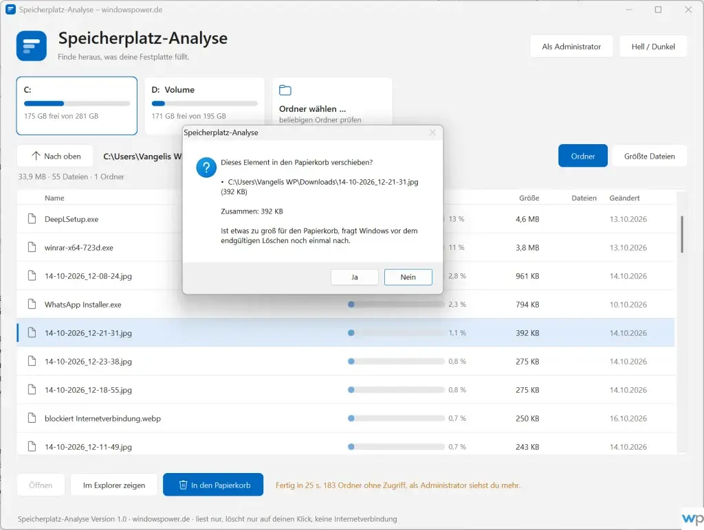 Sicherheitsabfrage der Speicherplatz Analyse vor dem Verschieben in den Papierkorb mit Liste und Gesamtgroesse Sicherheitsabfrage der Speicherplatz Analyse vor dem Verschieben in den Papierkorb mit Liste und Gesamtgröße
