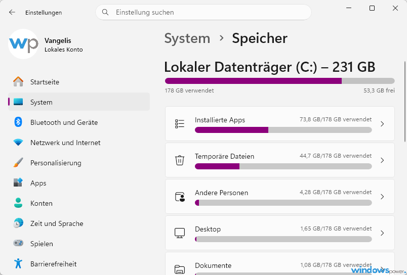 Speicheransicht in Windows 11 26H2 mit Kategorien Temporaere Dateien Apps und Systemdateien Speicheransicht in Windows 11 26H2 mit Kategorien Temporäre Dateien, Apps und Systemdateien