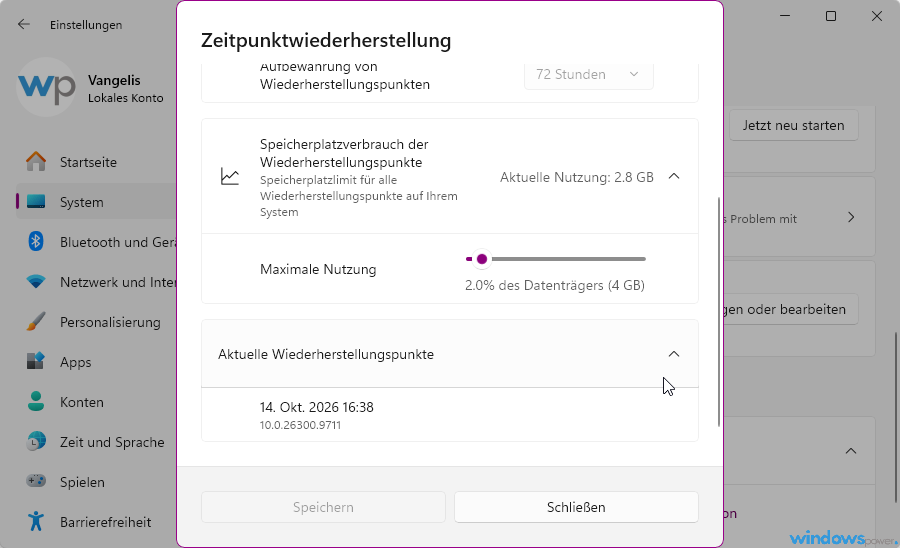 Speicherlimit der Zeitpunktwiederherstellung in Windows 11 festlegen Speicherlimit der Zeitpunktwiederherstellung in Windows 11 festlegen