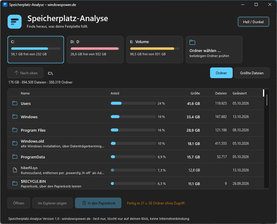 Speicherplatz Analyse dunkel Speicherplatz analysieren unter Windows 11 mit der Speicherplatz-Analyse von windowspower.de, Hauptfenster mit Laufwerkskarten und Balken