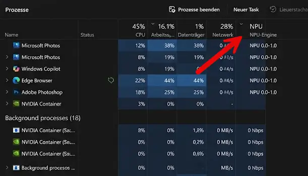 Task Manager NPU Auslastung Task-Manager NPU-Auslastung