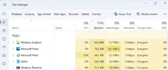 Task Manager unter Windows 11 mit dem Arbeitsspeicherverbrauch einer WinUI App Task Manager unter Windows 11 mit dem Arbeitsspeicherverbrauch einer WinUI App