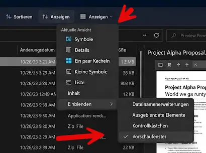 Windows 11 Datei Explorer mit dem Menue Anzeigen Einblenden und aktiviertem Vorschaufenster Windows 11 Datei Explorer mit dem Menü Anzeigen, Einblenden und aktiviertem Vorschaufenster