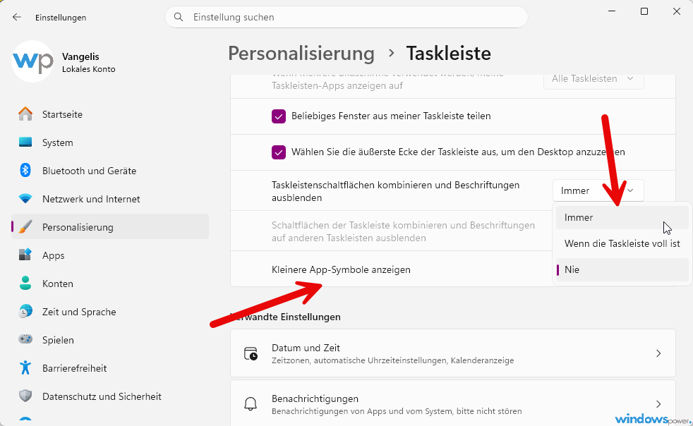 Windows 11 Taskleiste kleinere Symbole in den Einstellungen unter Verhalten der Taskleiste auswaehlen Windows 11 Taskleiste kleinere Symbole in den Einstellungen unter Verhalten der Taskleiste auswählen