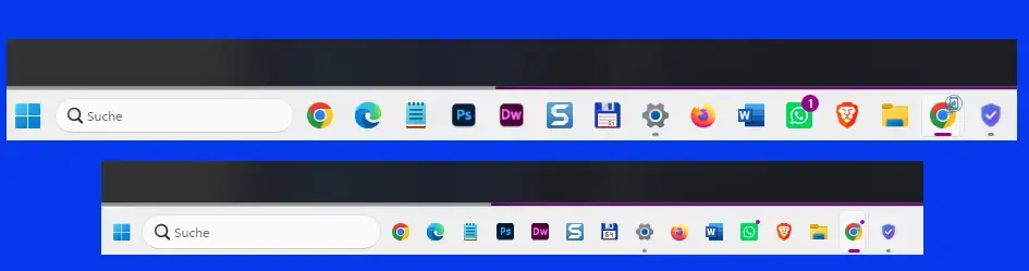 Windows 11 Taskleiste mit grossen und mit kleineren App Symbolen im Vergleich Windows 11 Taskleiste mit großen und mit kleineren App Symbolen im Vergleich