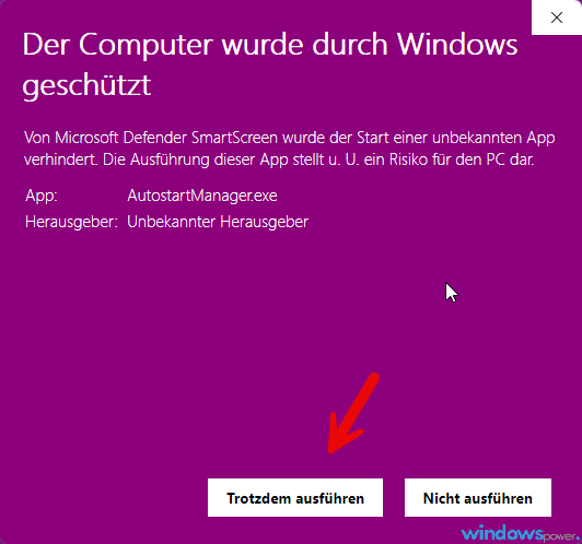 Windows Meldung Windows SmartScreen Meldung mit Button Weitere Informationen und Trotzdem ausführen