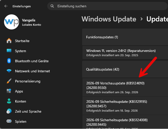 Windows Update Updateverlauf mit der Option Updates deinstallieren und KB5124010 in der Liste Windows Update Updateverlauf mit der Option Updates deinstallieren und KB5124010 in der Liste